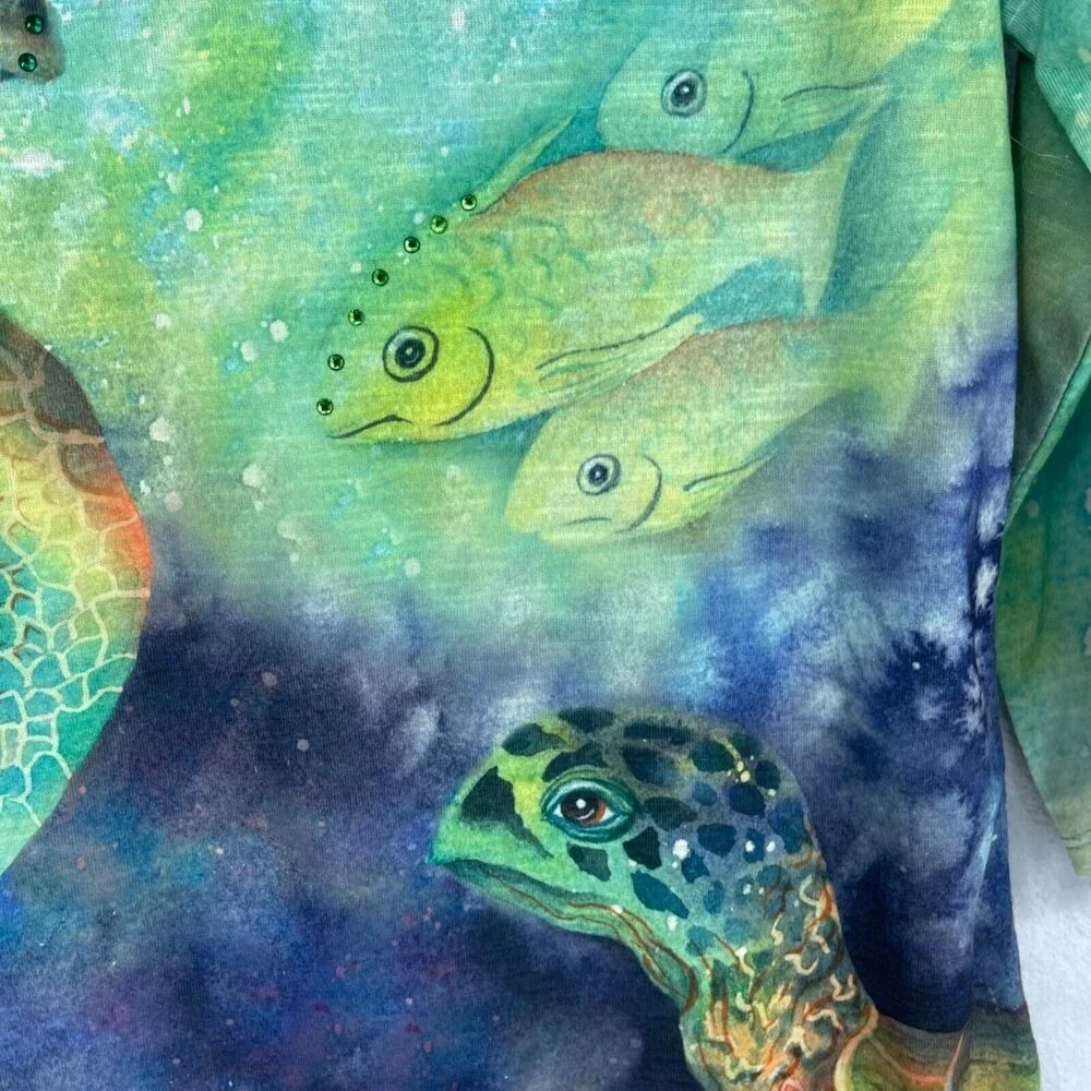 Coral‎ Bay Tee Womens Small Colorful Turtle Fish Rhinestones 3/4 Sleeves - Picture 3 of 13